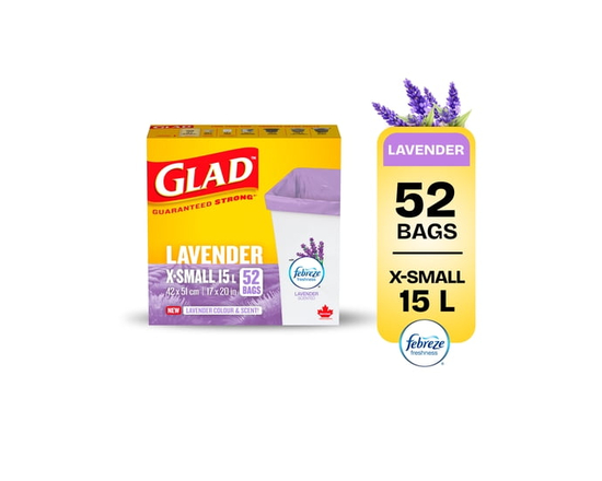 Glad Lavender Colour and Scented Garbage Bags - X-Small 15 Litres - Febreze Freshness, 52 Trash Bags
