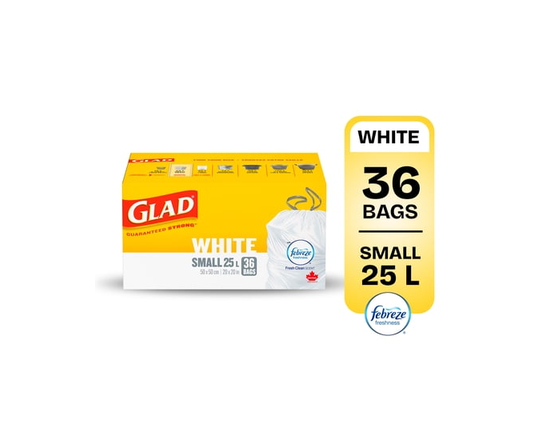 Glad White Garbage Bags - Small 25 Litres - ForceFlex Drawstring, Febreze Fresh Clean Scent, 36 Trash Bags
