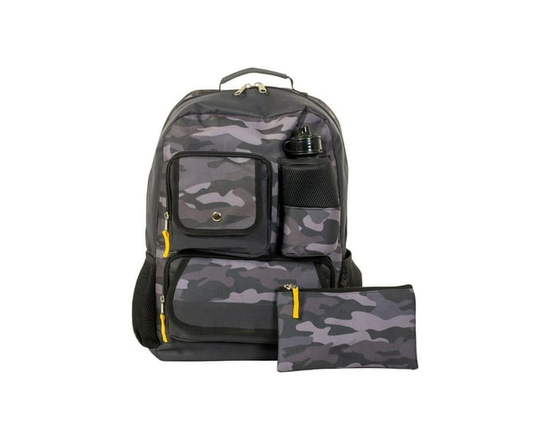 Ensemble Sac à Dos Jetstream 3 Pièces avec Trousse Scolaire et Bouteille d'Eau (Gris Camouflage)
