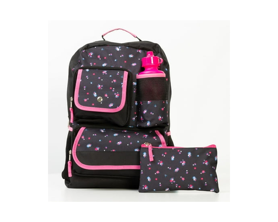 Ensemble Sac à Dos Jetstream 3 Pièces avec Trousse Scolaire et Bouteille d'Eau (Noir et Rose)