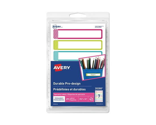Avery Permanent Durable Pre-Design Labels ,3½" x ⅝", White w asst'd borders, 21 labels/pkg- 20280