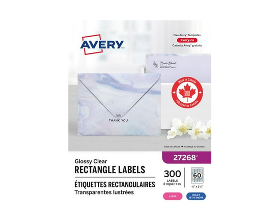 Avery Étiquettes rectangulaires transparentes avec Easy Peel, ⅔" x 1¾", adhésif permanent, pour imprimantes laser et à jet d’encre - 27268
