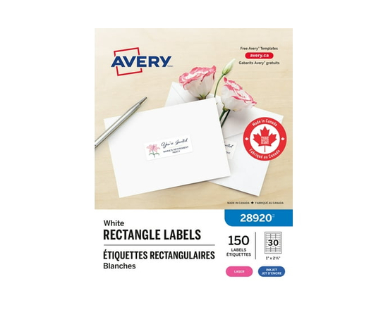 Avery White Rectangle Labels with Sure Feed Technology, Easy Peel, 1" x 2 ⅝", for Laser and Inkjet Printers - 28920