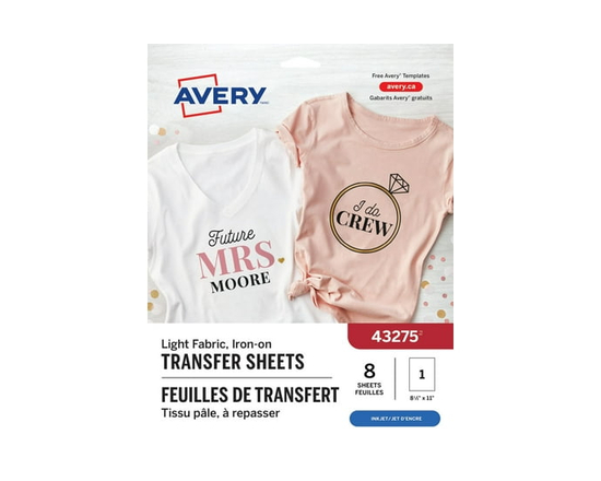 Avery Light Fabric T-Shirt Transfers, 11" x 8 ½", for Inkjet Printers - 43275