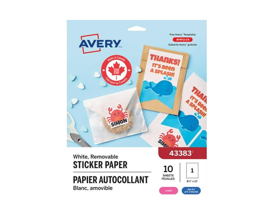 Avery Sticker Project Paper, 11" x 8 ½", for Inkjet Printers, 1 label/Sheet, 10 sheets/pack - 43383