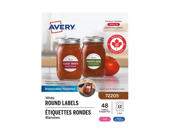 Avery White Round Dissolvable Labels, 2" Diameter, for Laser and Inkjet Printers - 72205