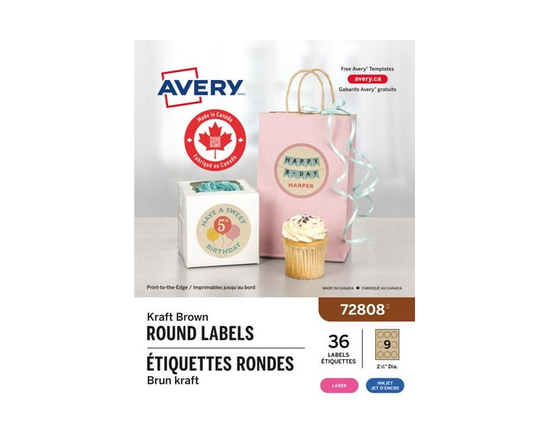 Avery Kraft Brown Round Labels, 2½" Diameter, Permanent Adhesive, for Laser and Inkjet Printer - 72808