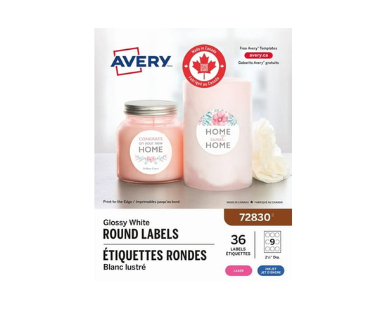 Avery Glossy White Round Labels, 2½" Dia., Permanent Adhesive, for Laser and Inkjet Printers - 72830