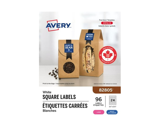 Avery Étiquettes carrées blanc mat, 1½" x 1½", adhésif permanent, pour imprimantes laser et à jet d’encre - 82805