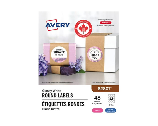 Avery Glossy White Round Labels, 2" Dia., Permanent Adhesive, for Laser and Inkjet Printers - 82807