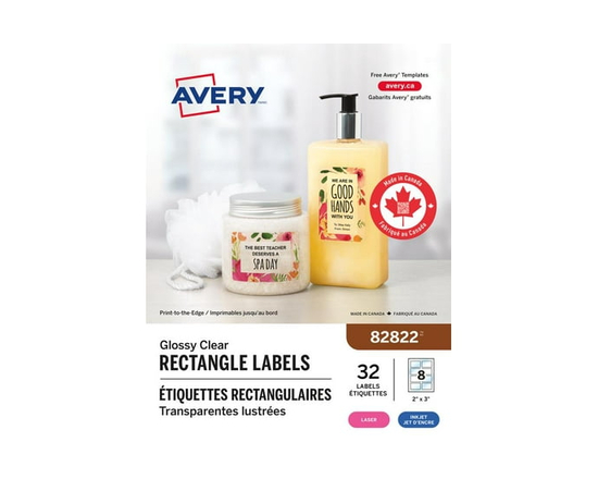 Avery 82822 Glossy Clear Rectangle Labels, 2" x 3", Permanent Adhesive for Laser and Inkjet Printers, 8 labels/sheet, 4 sheets/pack