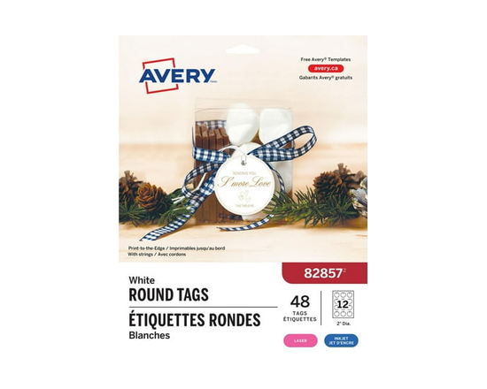 Avery Printable Round Tags with Strings, 2" Diameter, for Laser and Inkjet Printers - 82857