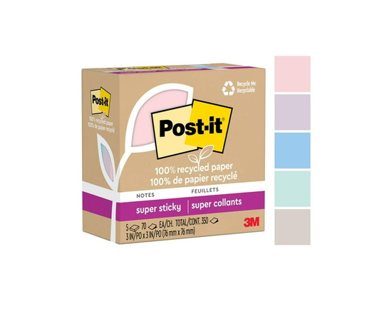Feuillets super collants 654R-5SSNRP Post-it® entièrement faits de papier recyclé, collection La vie en pastel, 3 po x 3 po, 5 blocs/paquet, 70&nbsp;f