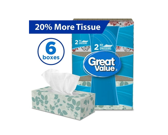Great Value, Facial Tissues, 6 Flat Boxes, 126 Tissues per Box