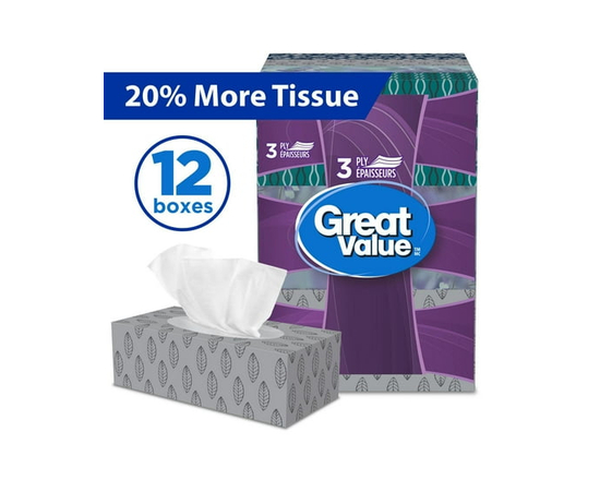 Great Value, Facial Tissues, 12 Flat Boxes, 88 Tissues per Box
