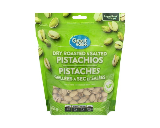 Great Value Dry Roasted & Salted Pistachio Nuts, 454g Resealable Bag - 454 g