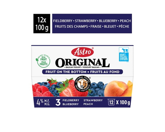 Astro Original Fruit on the Bottom Yogurt Peach, Strawberry, Blueberry, Fieldberry 4% - 100g
