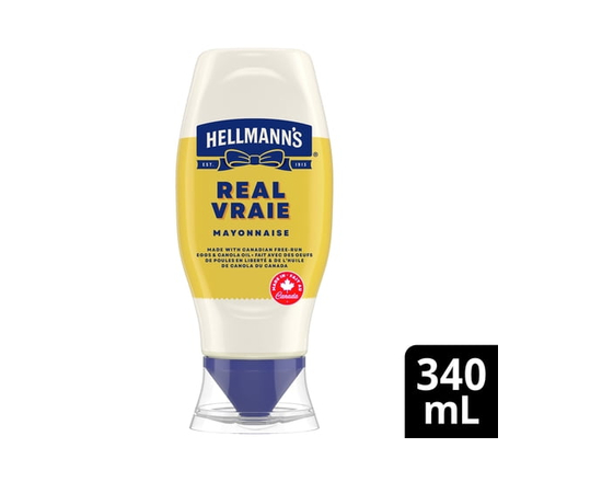 Hellmann’s Real Mayonnaise, Gluten‑Free and Kosher, Made with Canadian Free‑Run Eggs and Canola Oil, 340 mL Squeeze bottle - 340 mL