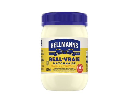 Hellmann’s Real Mayonnaise, Gluten‑Free and Kosher, Made with Canadian Free‑Run Eggs and Canola Oil, 445 ml Jar - 445 mL