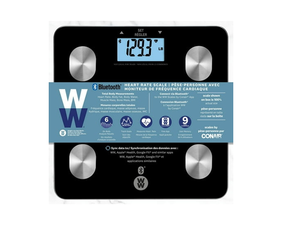 Balance numérique WW avec fréquence cardiaque et Bluetooth, analyse corporelle, capacité 400 lb, affichage rétroéclairé blanc