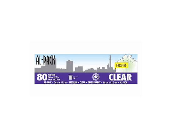 AL-PACK Medium Clear Garbage Bags Flex-Tie, 75 Litres, 80 bags
