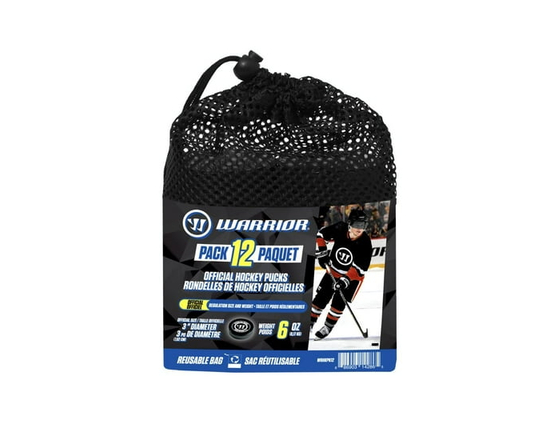 Warrior 12-pack 6oz Official Size Hockey Pucks in a Mesh Bag - 6 oz
