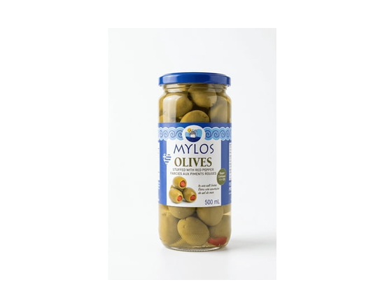MYLOS GREEN OLIVES WITH RED PEPPERS - 500 mL