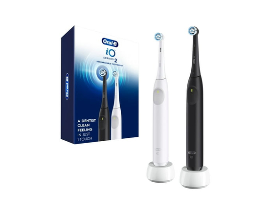 Brosse à dents électrique rechargeable Oral-B iO Série 2, paquet double, noir et blanc – Détecteur de pression automatique pour protéger les gencives