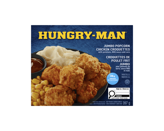 Hungry-Man Frozen Jumbo Popcorn Chicken Croquettes Frozen Dinner, With Potatoes, BBQ Sauce and Corn, 26g of Protein - 397 g