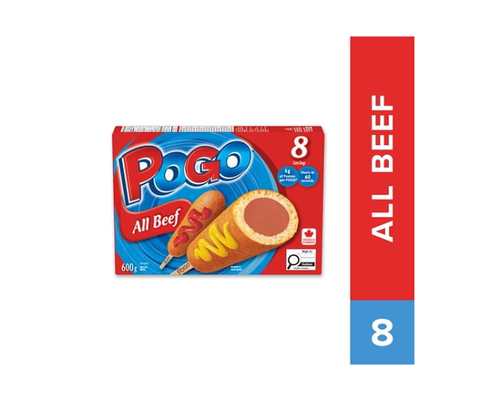 POGO® All Beef Corn Dogs, Frozen Box, 8 Count (600 g), Prepared in Canada - 600 grams
