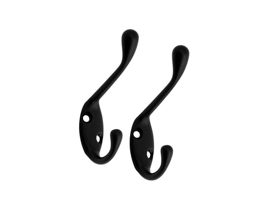 Era Double Hook Black, 2 Prong Metal Hook Wall Mounted with Screws 1 Pcs. - 2-Pack