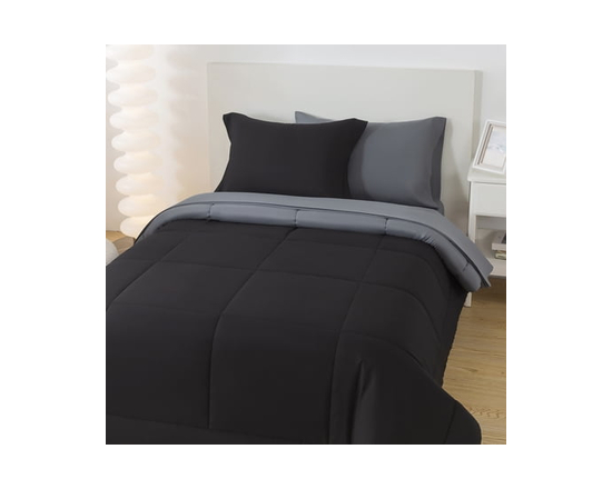 **Mainstays – Ensemble de literie tout-en-un réversible avec couette et draps, 7 pièces, grand lit (Queen), rayures grises** (Noir)
