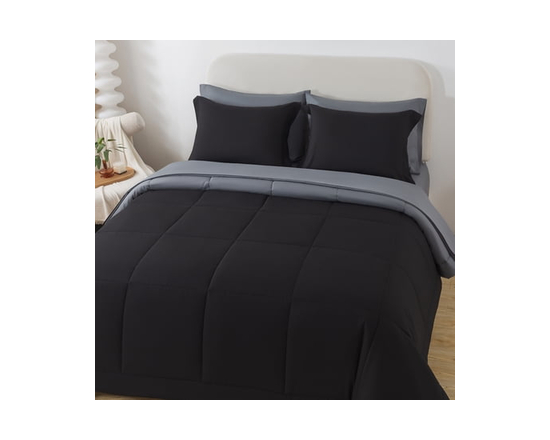 **Mainstays – Ensemble de literie tout-en-un réversible avec couette et draps, 7 pièces, grand lit (Queen), rayures grises** (Noir)