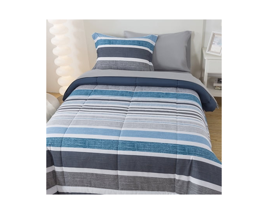 **Mainstays – Ensemble de literie tout-en-un réversible avec couette et draps, 7 pièces, grand lit (Queen), rayures grises** (Rayures bleues)