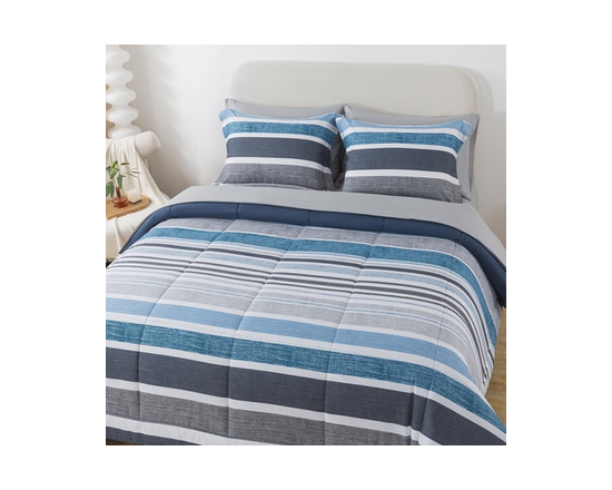 **Mainstays – Ensemble de literie tout-en-un réversible avec couette et draps, 7 pièces, grand lit (Queen), rayures grises** (Rayures bleues)