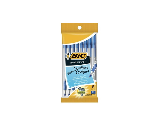 Stylo-bille BIC Round Stic Grip Extra Confort, pointe moyenne (1,2 mm), encre bleue, prise extradouce pour un meilleur confort et contrôle, paquet de 