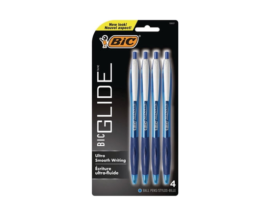 BIC Glide Retractable Ball Pen, Medium Point (1.0 mm), Blue, Comfortable Rubber Grip, 4-Count
