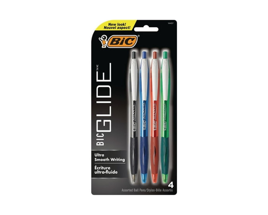 BIC Glide Retractable Ball Pen, Medium Point (1.0 mm), Assorted Colours, Comfortable Rubber Grip, 4-Count