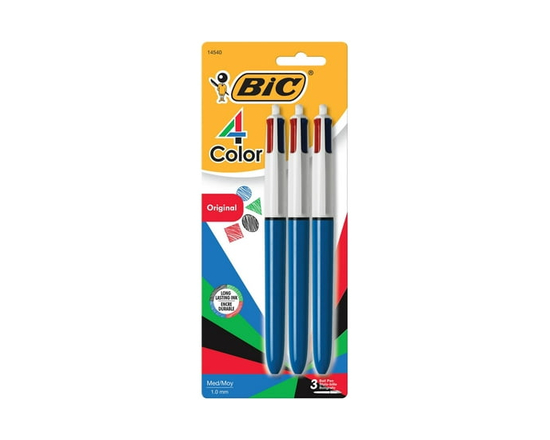 BIC 4-Color Original Retractable Ball Pens, Medium Point (1.0 mm), 3-Count Pack, Retractable Ball Pen With Long-Lasting Ink