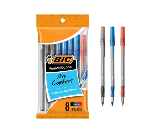 BIC Round Stic Grip Extra Comfort Assorted Colours Ballpoint Pens, Medium Point (1.2mm), 8-Count Pack, Perfect Writing Pens With Soft Grip for Superb 