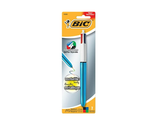 BIC 4-Color Shine Ball Pen, Medium Point (1.0 mm), Metallic Barrel, Assorted Inks, 1 Count. World-renowned 4-Color pen with a shiny, metallic barrel!