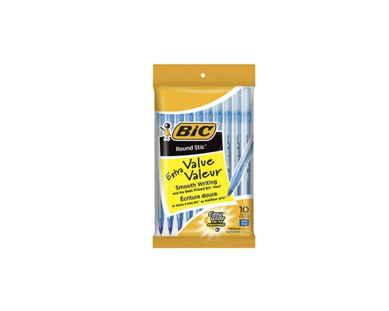 BIC Round Stic Extra Value Blue Ballpoint Pens, Medium Point (1.0 mm), 10-Count Pack of Bulk Pens, Flexible Round Barrel for Writing Comfort - 1.0 mm