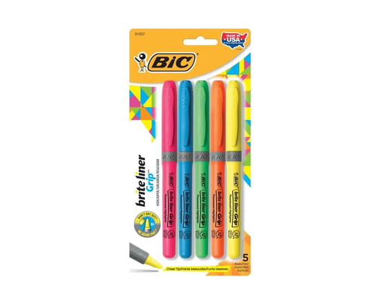 BIC Brite Liner Grip Highlighter, Chisel Tip (1.6 mm), Assorted Colours, 5 pack
