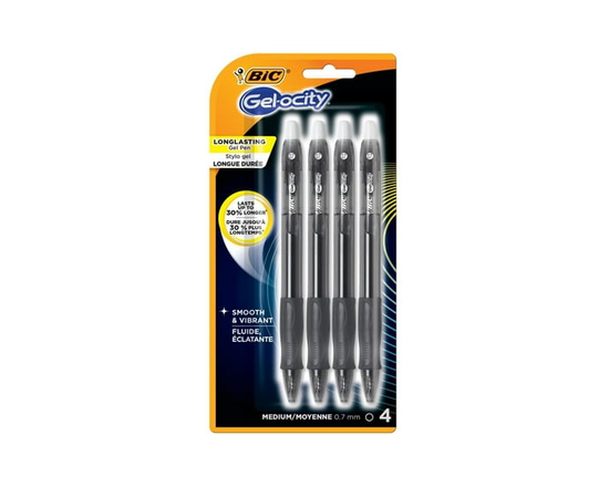 BIC Gel-ocity Original Retractable Gel Pen, Medium Point (0.7mm), Black Ink, 4-Count, Contoured Grip for Comfort and Control