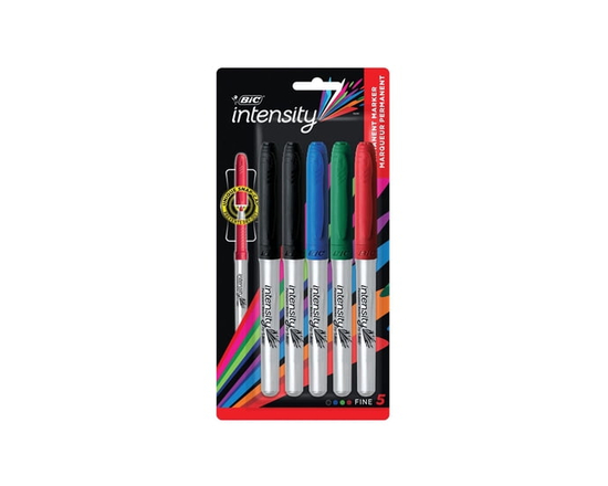 BIC Intensity Assorted colours Permanent Markers, Fine Point, 5-Count Pack of Colour Markers With Non-Slip Grip for Comfort and Control