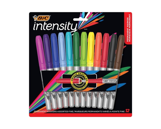 BIC Intensity Assorted colours Fashion Permanent Markers, Fine Point, 12-Count Pack of Colour Markers With Non-Slip Grip for Comfort and Control