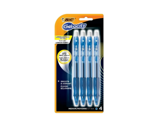 BIC Gel-ocity Retractable Gel Pen, Blue Ink, Medium Point, 4-Count, Contoured Grip for Comfort and Control