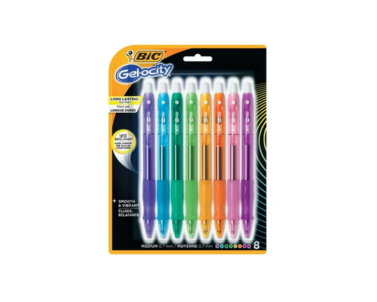 BIC Gel-ocity Original Retractable Gel Pen, Medium Point (0.7mm), Assorted, Comfortable, Contoured Grip, 8-Count. Smooth-writing, refillable retractab