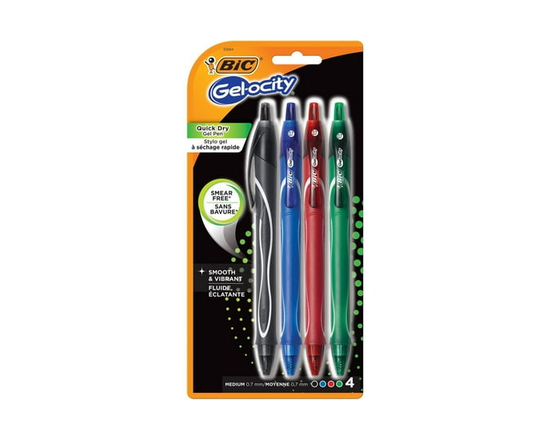 BIC Gel-ocity Quick Dry Retractable Gel Pens, Medium Point, Assorted Colors, 4-Count, Great for Everyday Writing