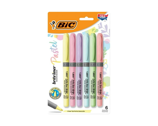 BIC Brite Liner Grip Pastel Highlighter Set, Chisel Tip, 6-Count Pack of Pastel Highlighters in Assorted Colours, Cute Highlighters for Bullet Journal
